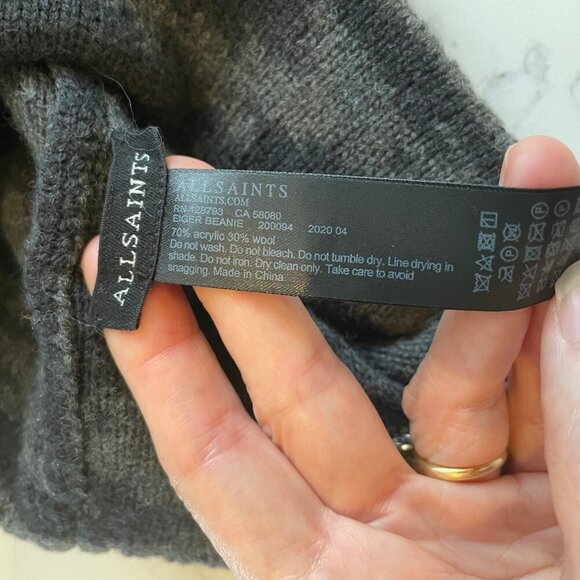 All Saints Eiger Beanie Turned Up Rib Cuff Knit Acrylic Wool Black + Grey Sz OS - Picture 5 of 8